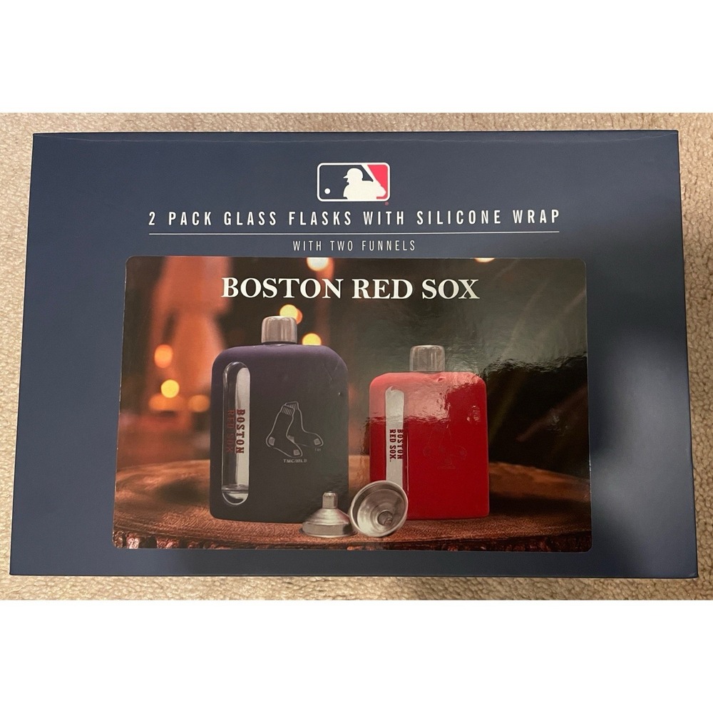Boston Red Sox 2 pack glass flasks with silicone wrap‎ with two funnels